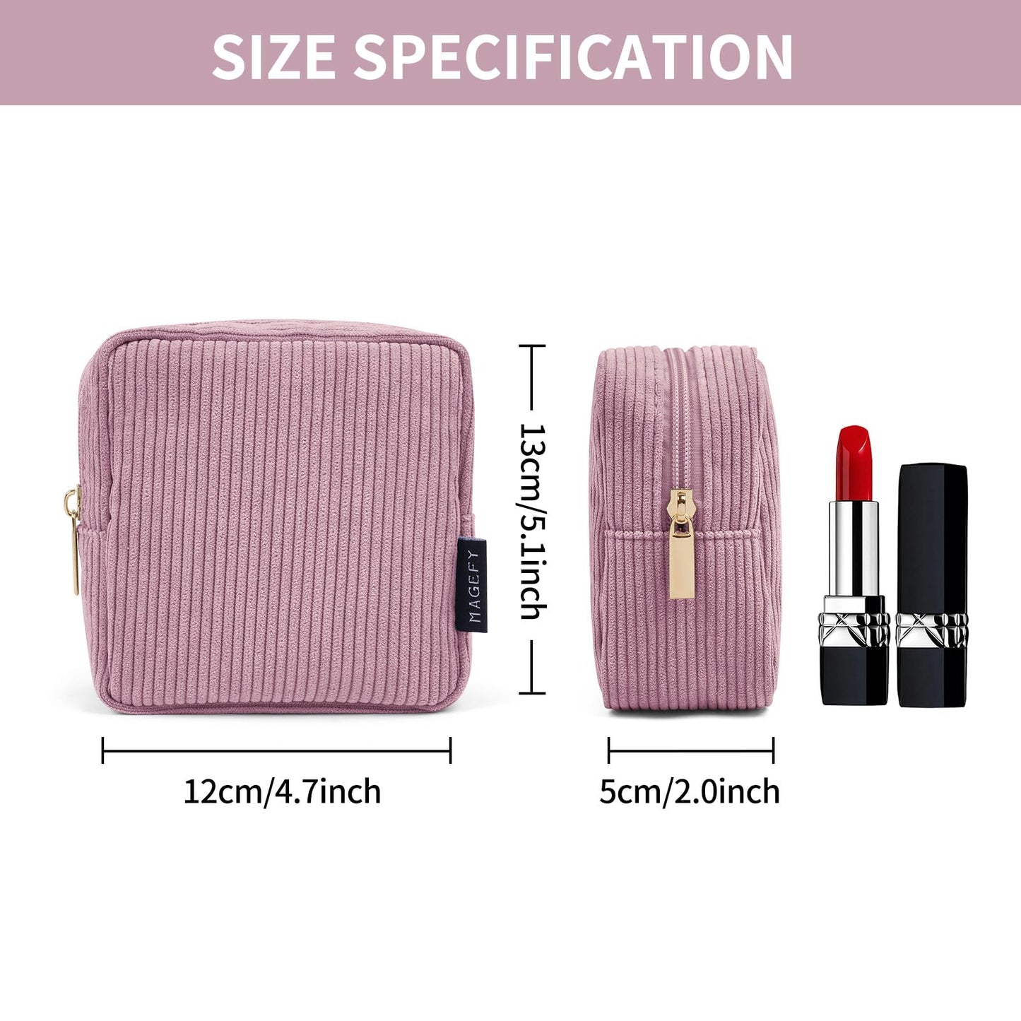 MAGEFY Small Makeup Bag for Purse Mini Cosmetics Bag Corduroy Cute Cosmetic Pouch for Women with Slip-in Pockets (Pink)