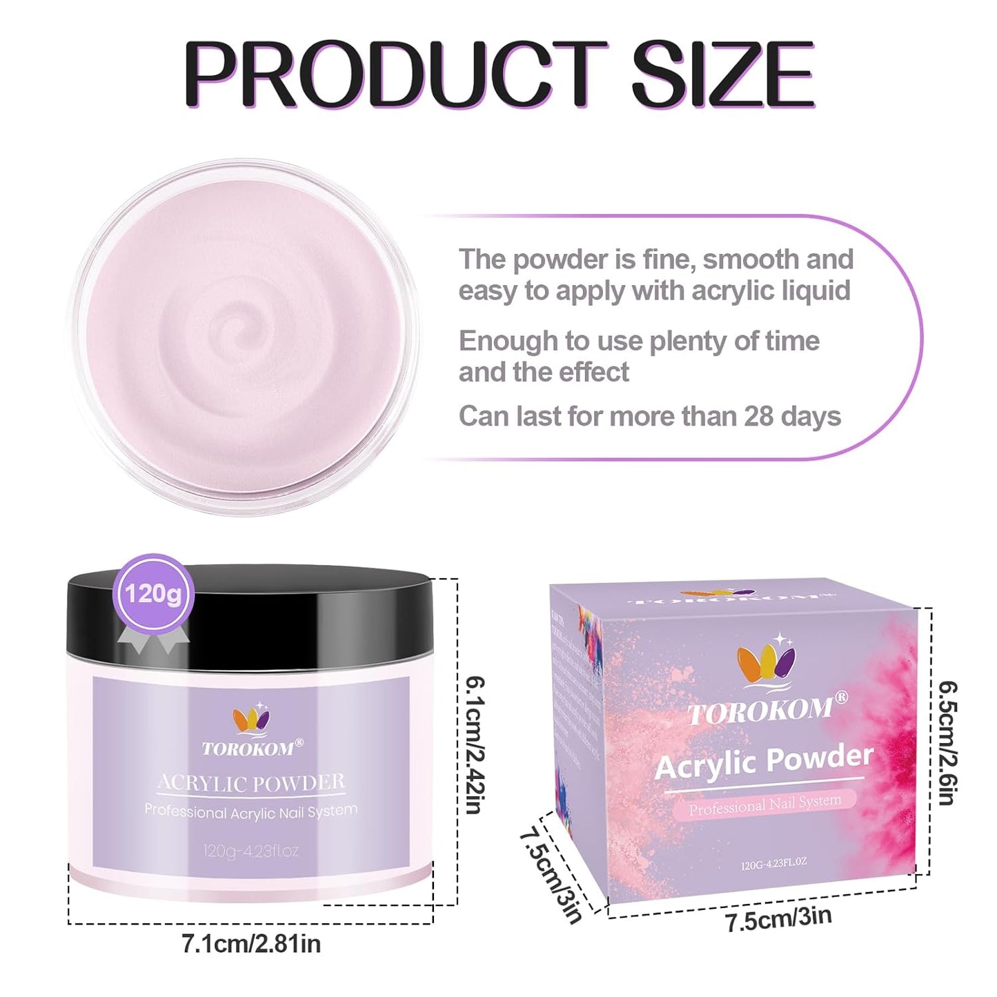 TOROKOM Pink Acrylic Powder - Self-Leveling Dip Powder for Nails | Long-Lasting, 120g/4.23oz