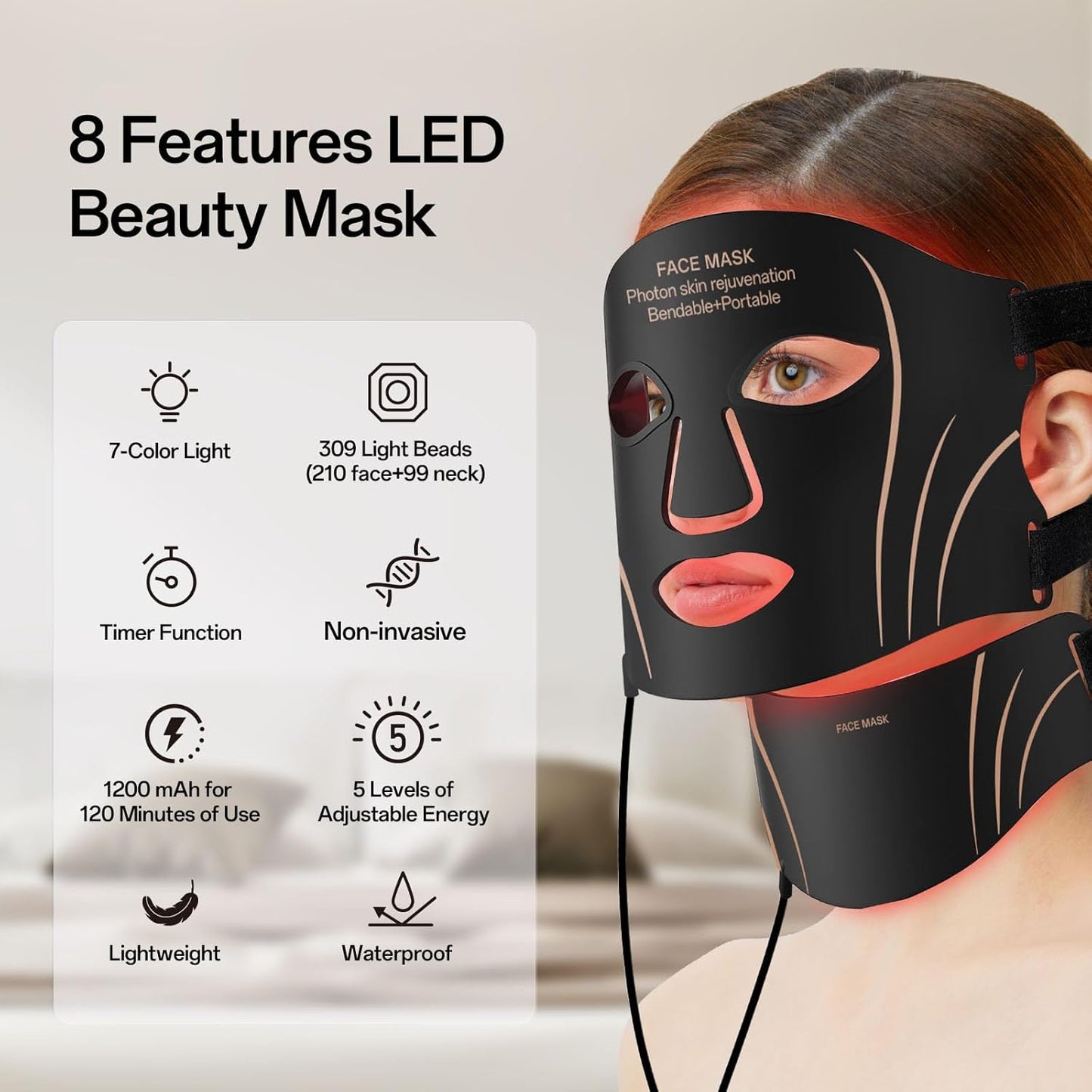 Facego Red Light Mask - Rechargeable Portable Face & Neck Treatment | 7 Color Options (Black)