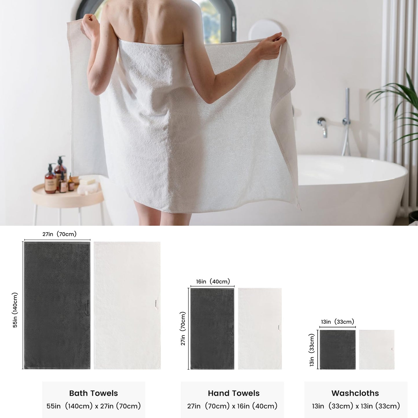 SEMAXE 12-Piece Mixed Color Towel Set (White, Grey) - 100% Cotton, Lightweight, Absorbent, Quick-Drying Bathroom Towel, Ideal for Couples and Gifts, Bath Towel, Hand Towel, and Washcloth Per Color