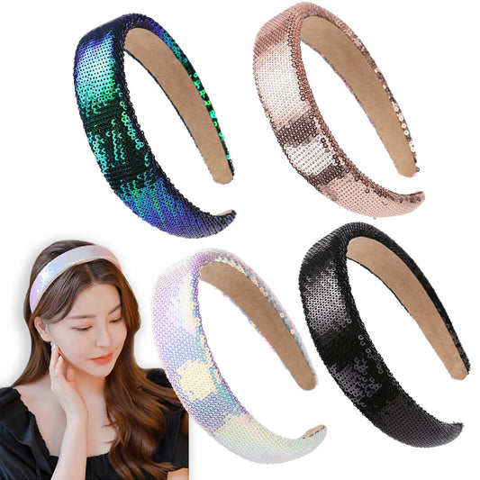 LONEEDY 4 PCS Glitter Beaded Sequins Sparkly Wide Hard Headbands for Girls and Women,1.3-Inch Wide Padded Hair Bands Fashion Cute Daily Accessories for Kids (black+white+blue+gold)