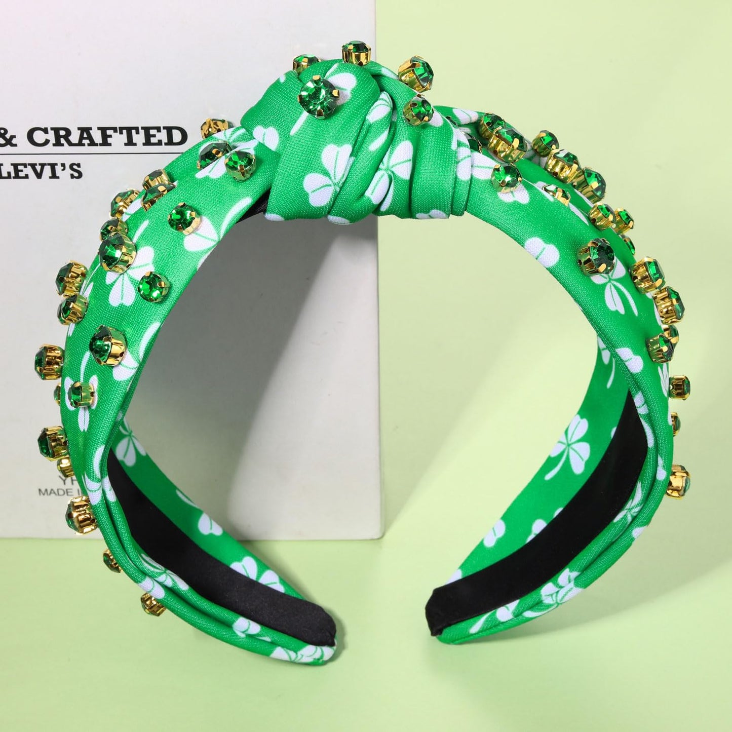 PHALIN St.Patrick's Day Headband for Women Shamrock Knotted Headband Embellished Green Crystal Rhinestone Headband Irish Lucky Leaf Hat St.Patrick's Day Accessories Gifts (Shamrock 1)