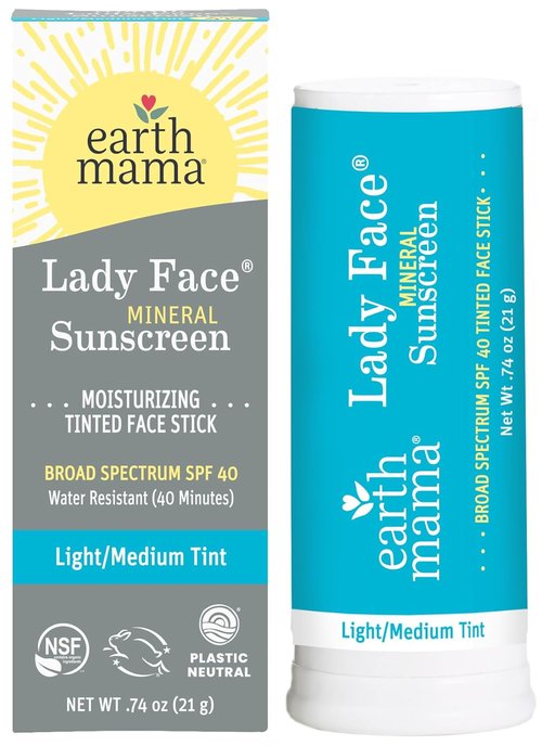 Earth Mama Lady Face® Tinted Mineral Sunscreen Stick SPF 40 - Light/Medium Tint | Organic Shea & Cocoa Butter Blend