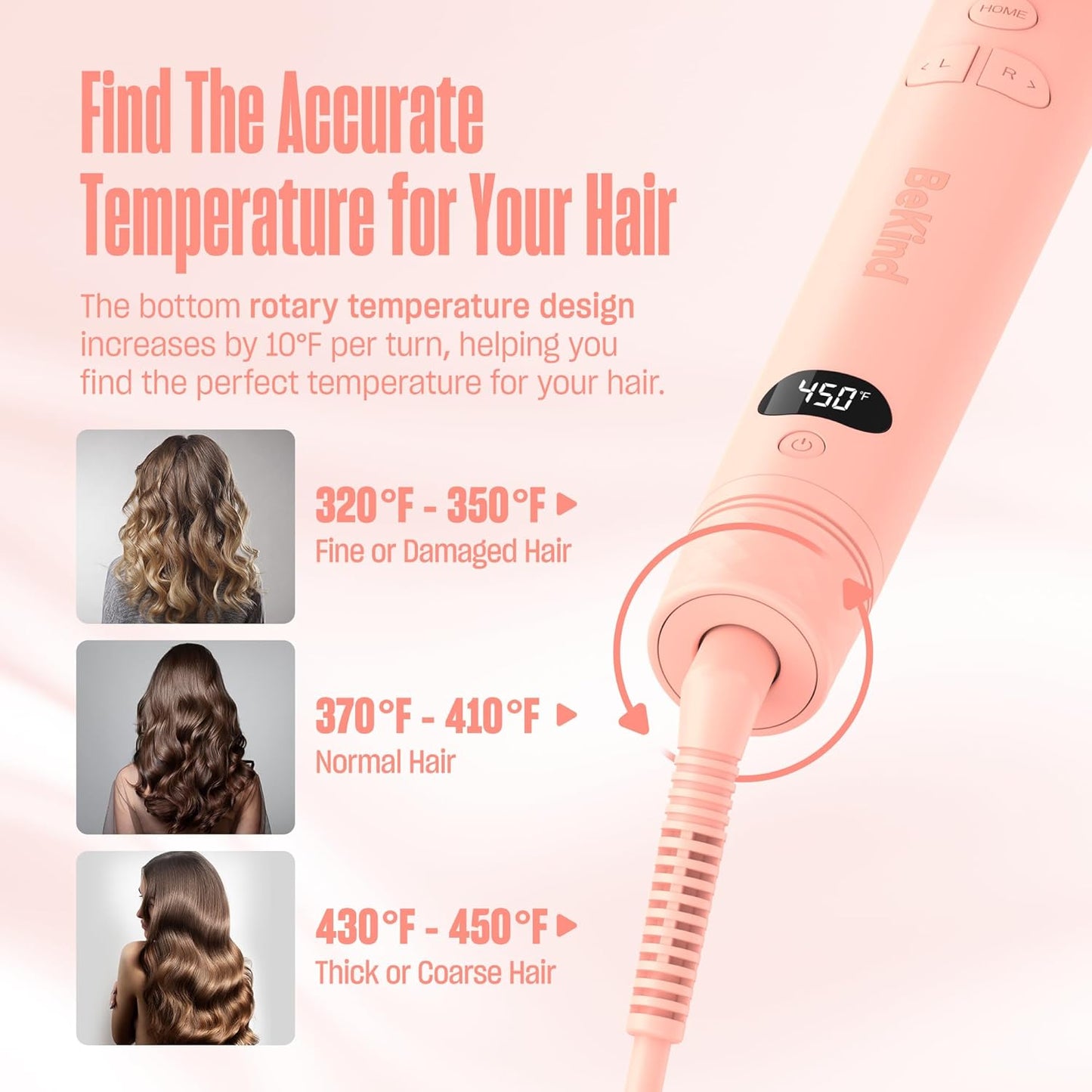 BeKind Waves Automatic Rotating Curling Iron - 1 Inch Tourmaline Ceramic Wand for Beach Waves | Fast Heat-Up, Dual Voltage (Peach)