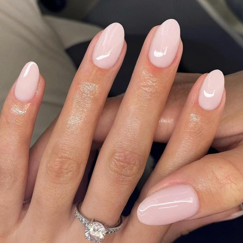 KQueenest Pastel Light Pink Press on Nails Short Oval, Glossy Soft Gel Fake Nails Press on, Extra Short Almond Fake Nails with UV Cover, Thick Acrylic Glue on Nails for Wome Wedding & Everyday 4 Pcs