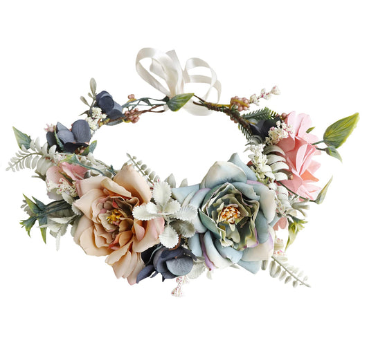 LLinfflr Women Floral Crown Wedding Floral Headband Hair Wreath Flower Headpiece Halo Boho Party Prom Photos