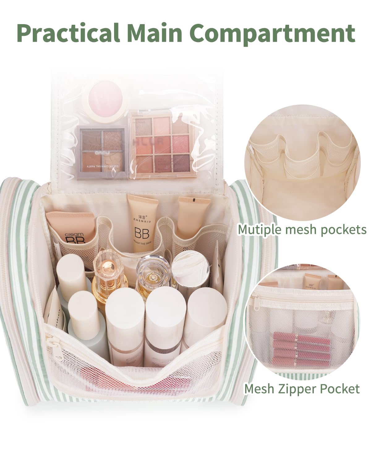 Narwey Striped Hanging Travel Toiletry Bag for Women, Travel Bag for Toiletries, Makeup Bag Organizer Cosmetic Bags Make Up Bags for Women (Mint Green Stripe)