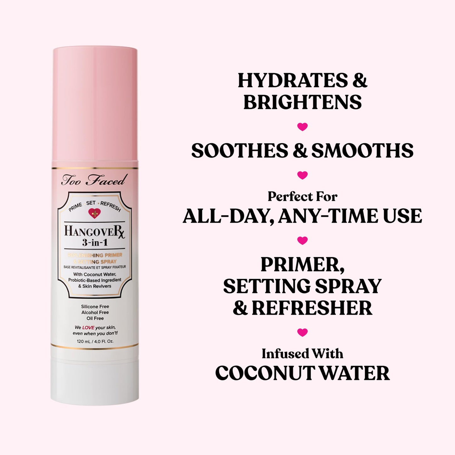 Too Faced Hangover 3-in-1 Primer & Setting Spray | Soothing & Hydrating Setting Spray for Face Makeup | Coconut Water