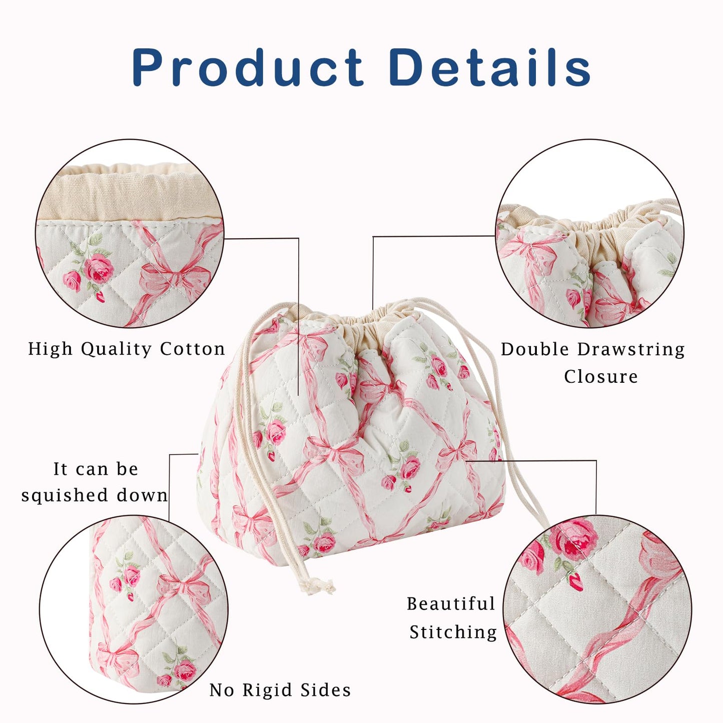 Cotton Quilted Drawstring Makeup Bag with Canvas Lining,Coquette Aesthetic Cute Travel Toiletry Bag,Drawstring Gift Bag for Women and Girls（03Pink Bows）