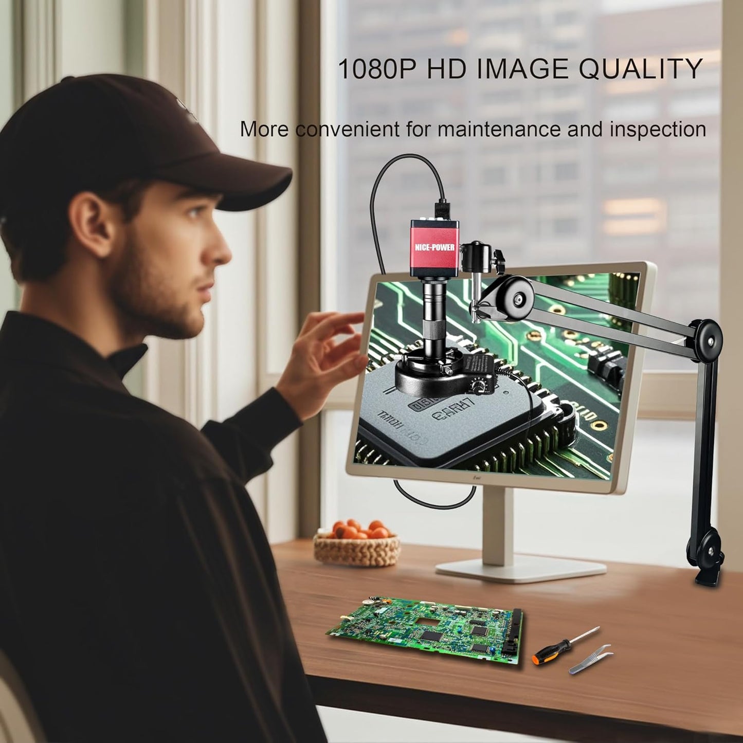 NICE-POWER Digital Microscope Camera, 13MP 1080P HDMI VGA Industrial Video Microscope, 150X Zoom C-Mount Lens, Foldable Stand, LED Ring Light, Soldering Microscopes for Electronics Repair