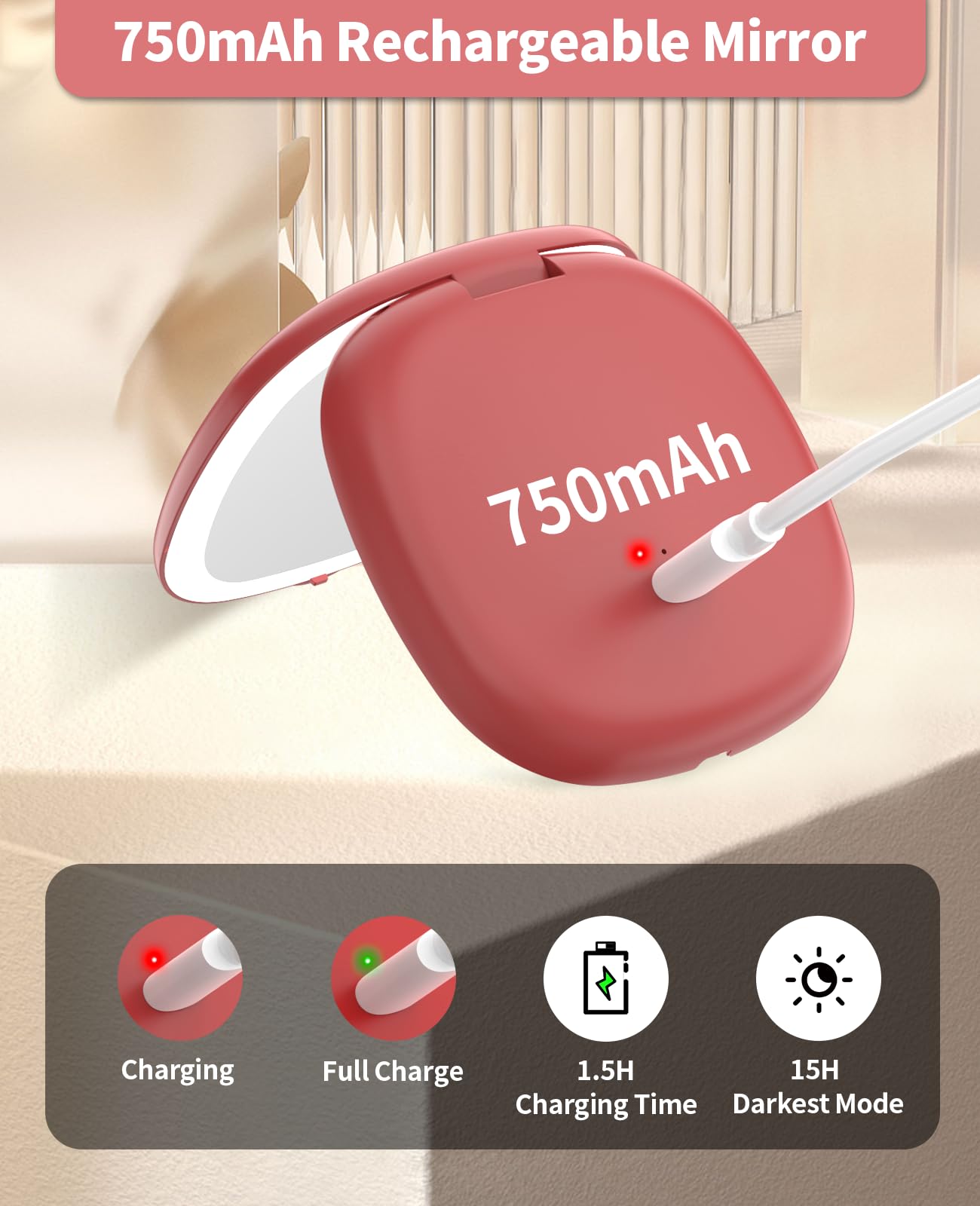 wobsion Travel Mirror with Light, Rechargeable 1x/10x Compact Magnifying Mirror, Dimmable Pocket Mirror,Handheld 2-Side Mirror with Light,4inch Travel Size,Portable for Handbag,Purse,Gift,Red