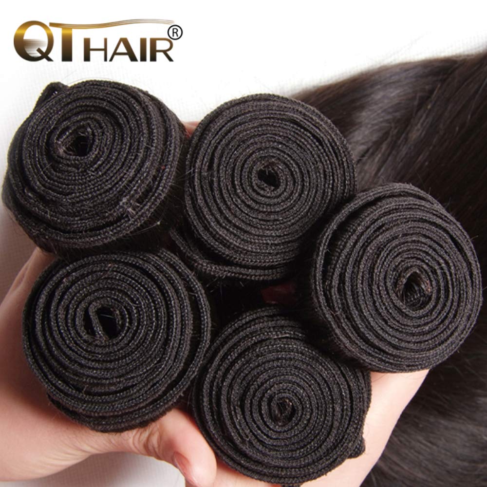 QTHAIR 14A Straight Human Hair Bundles(16 18 20,300g,Natural Black) 100% Unprocessed Human Hair Extensions Indian Straight Virgin Human Hair Bundles