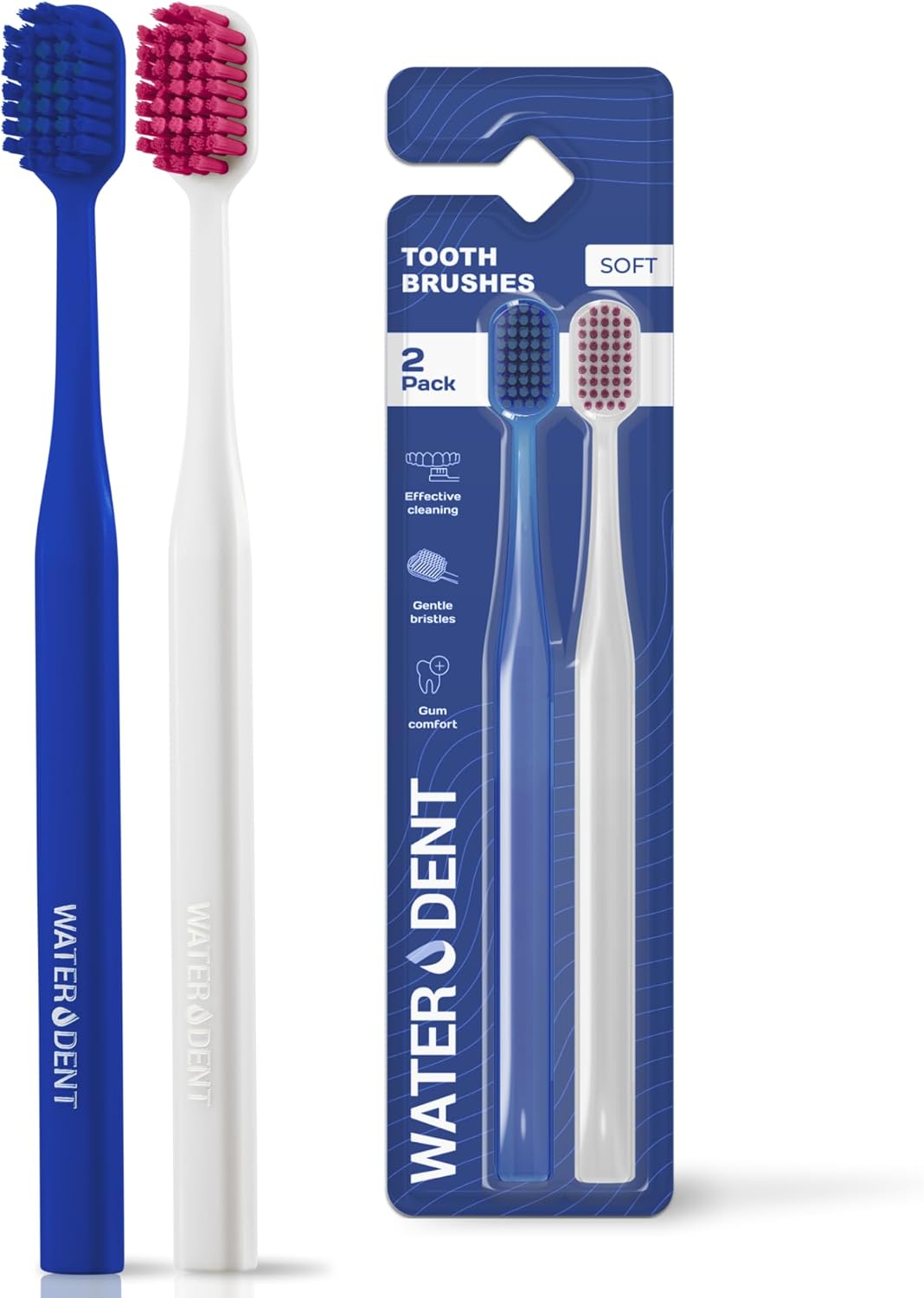 WATER DENT Medium Soft Toothbrush - Ultra-Dense Rounded Bristles for Gentle Gum Care | 2 Pack Multicolor