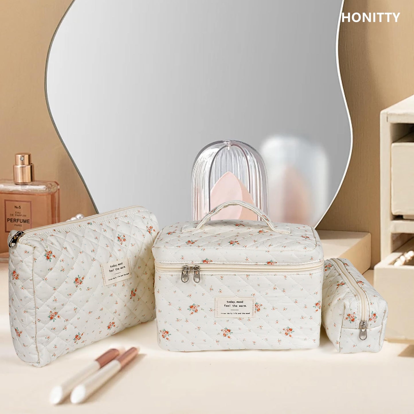 Makeup Bag,Quilted Cosmetic Bags,Large Floral Make Up Organize bag,Makeup Bag Set for Women,Flower Travel Toiletry Bag