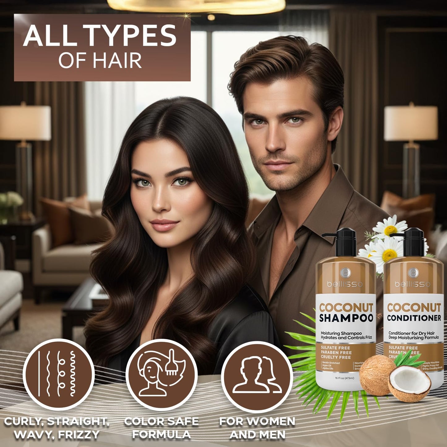Skiennix Coconut Shampoo & Conditioner Set - Sulfate-Free, Deep Moisturizing Formula for Dry, Damaged Hair - 16 Fl Oz (Set of 2)
