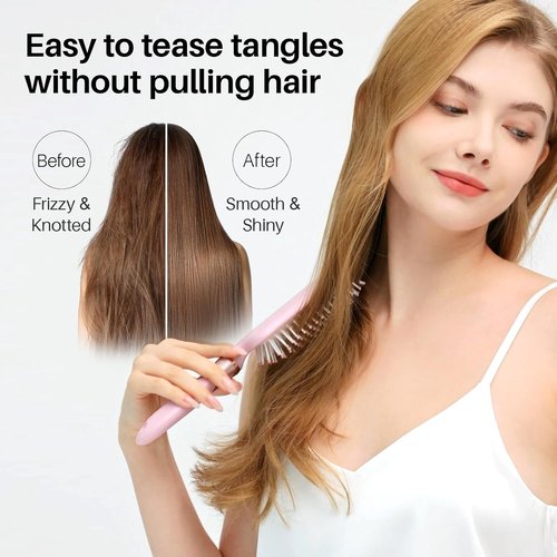 RHOS Paddle Brush - Detangler for Thick, Curly, Long Hair | Nylon Bristles Cushion Brush - Pink