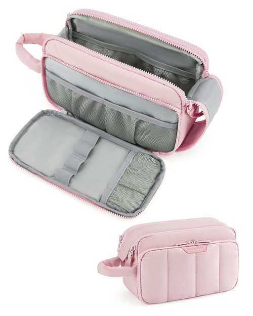 BAGSMART Travel Makeup Bag Organizer, Puffy Make Up Bag, Cosmetic Organizer Case for Travel Essentials Toiletries Accessories Bottles, Brushes (Pink)