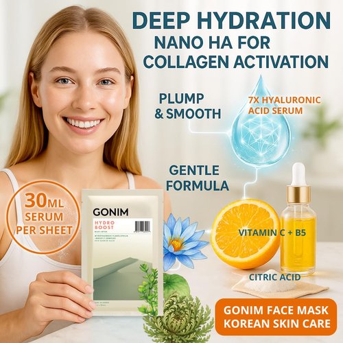 GONIM Face Mask - Hydrating Korean Skincare with Hyaluronic Acid & Vitamin C | 5-Pack 30ml