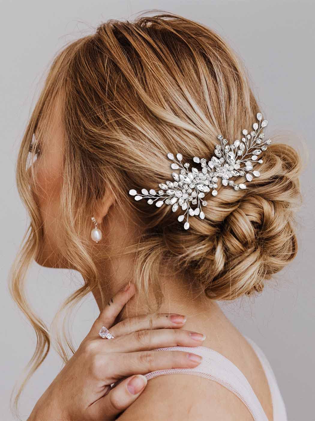 Catery Rhinestones Bridal Hair Comb - Silver Side Wedding Hair Accessory with Beads for Brides, Women, and Girls (A silver)