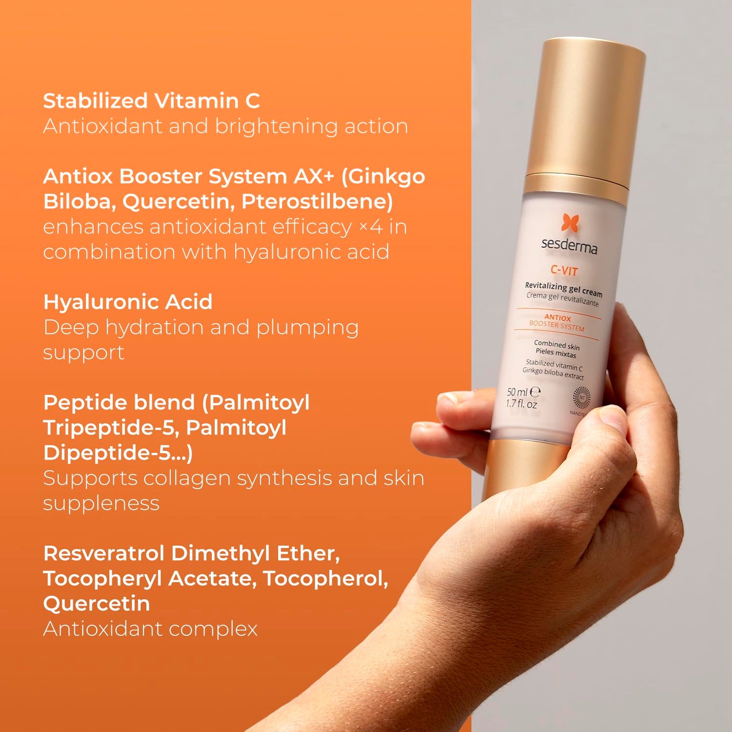 Sesderma C-VIT Revitalizing Gel Cream - Antioxidant Formula with Vitamin C & Hyaluronic Acid | 1.7 fl oz