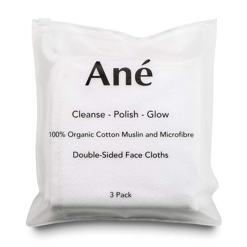 Ané Makeup Remover | 3-Pack Double-Sided Muslin & Microfiber Face Cleansing Cloths