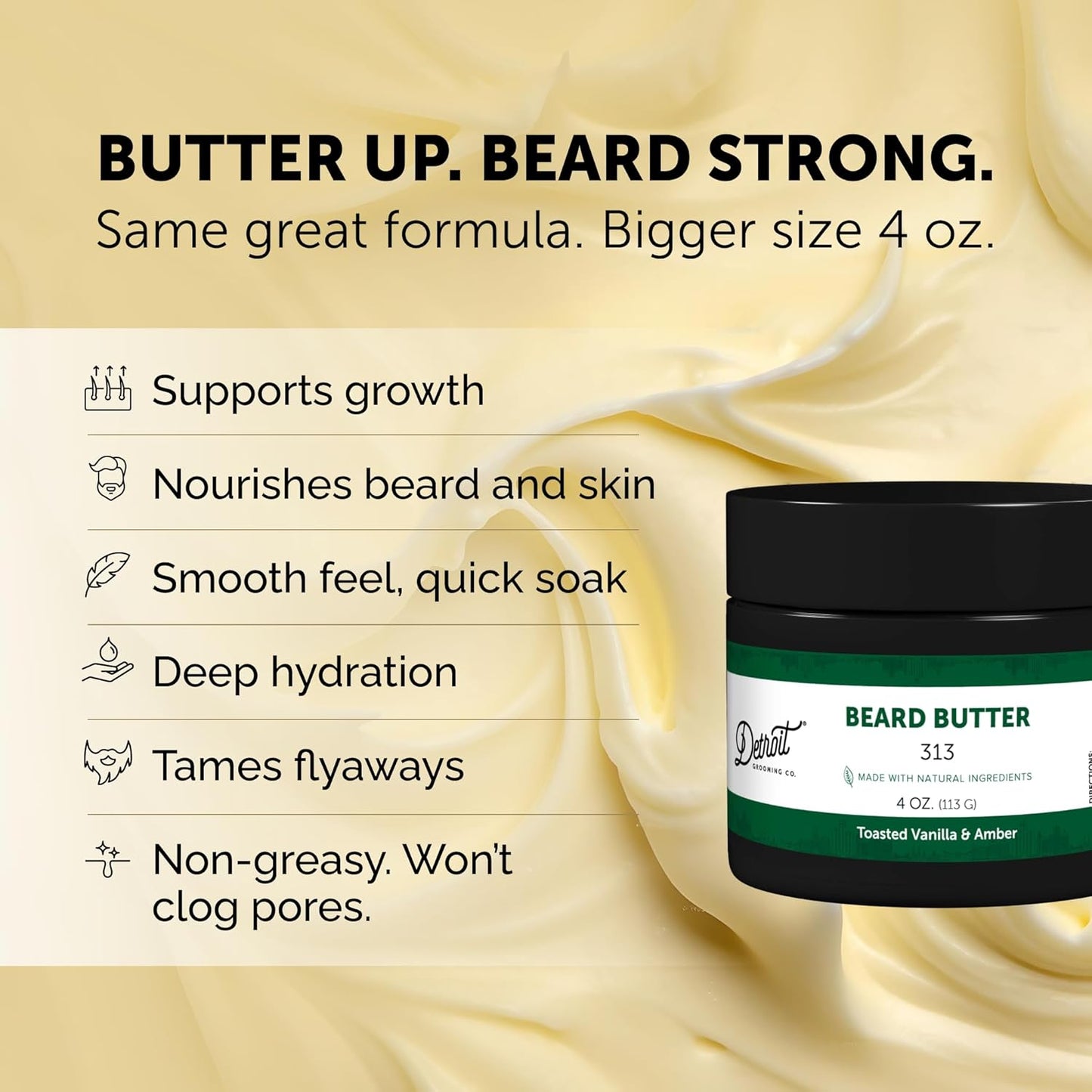 Detroit Grooming Co. Beard Butter - Premium Leave-In Conditioner with Safflower Oil & Shea Butter - Hydrating Moisturizer for Growth & Thickness - Iconic 313, 4oz | Made in USA