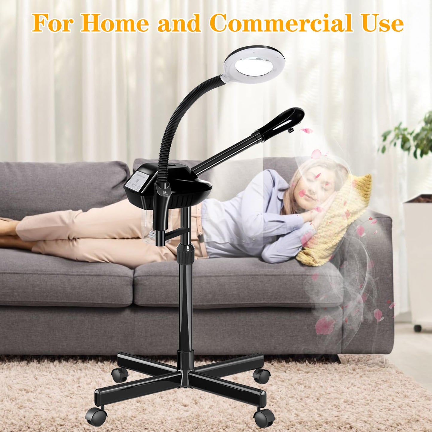 Facial Steamer Professional, 2 in 1 Ozone Facial Steamer on Wheels, with 5X Magnifying Lamp, Facial Steamer with Time Setting, Stand Facial Steamer Adjustable Height for Spa, Salon and at Home use