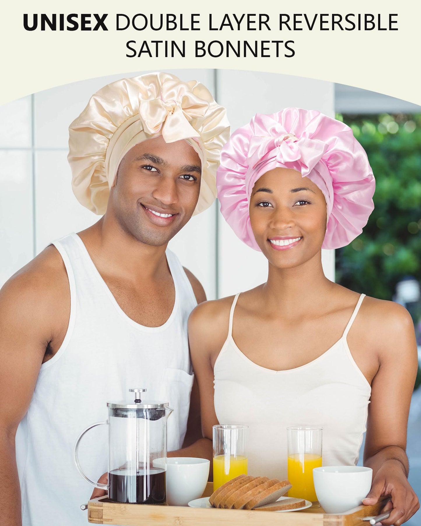 Satin Bonnet Silk Hair Bonnets for Women Curly Hair Wrap for Sleeping Cap Reversible Bonnet with Tie Band Night Cap Double Layer Sleep Cap for Curly Hair (Champagne +Pink)