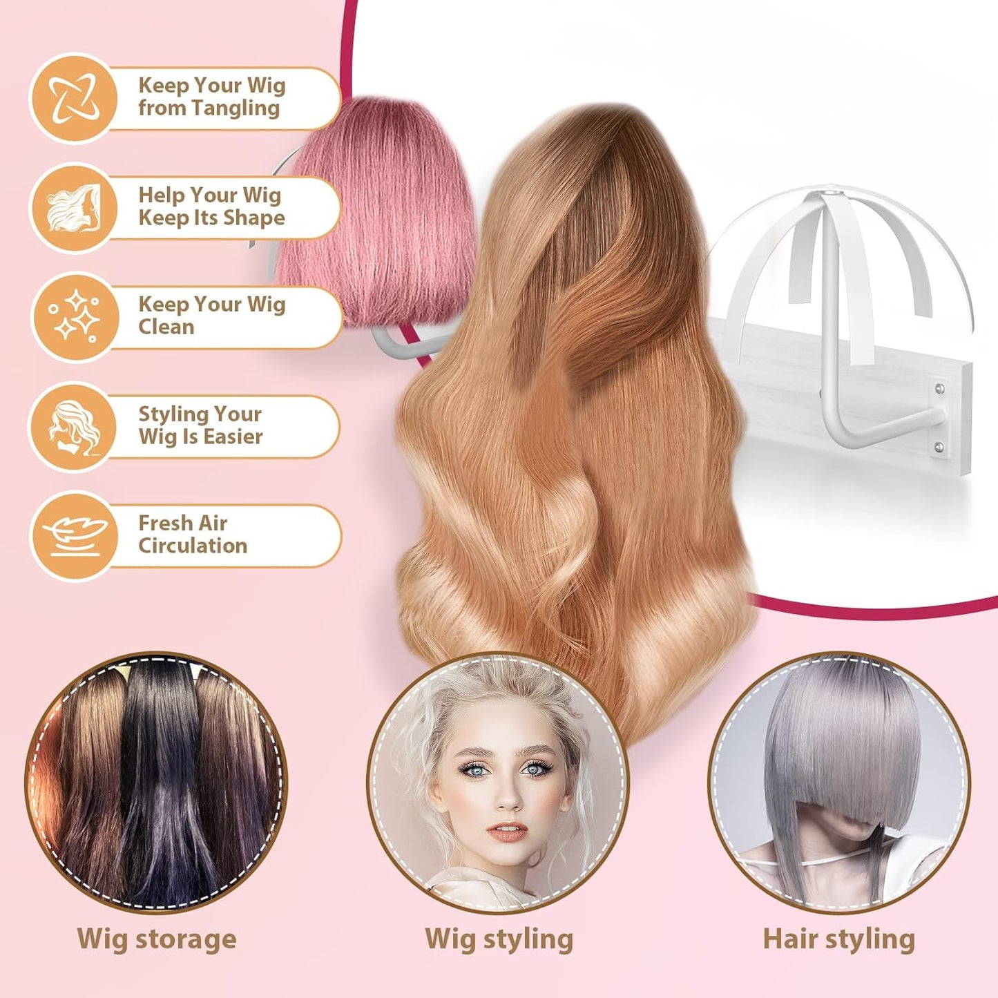 6 Pcs Hanging Wig Stand for Multiple Wigs, Durable Wall Mounted Wig Hanger Holder,Wig Holder for Multiple Wigs,Hanging Wig Holder for Display, Storage, Styling, Drying,Practice,Design (Black)
