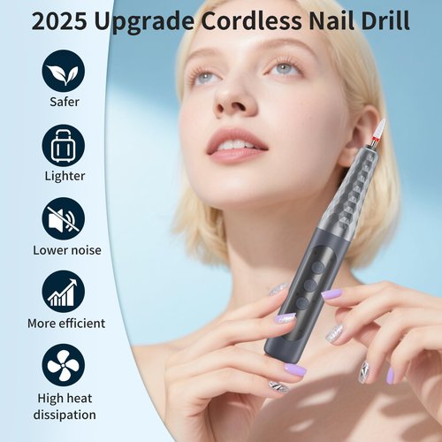 Cordless Electric Nail File with Safety Pause Function,FyndAna Portable Nail Drill Set for Crystal Gel Dip Powder Nails,Rechargeable Manicure Pedicure Tools Polish Set,Grey