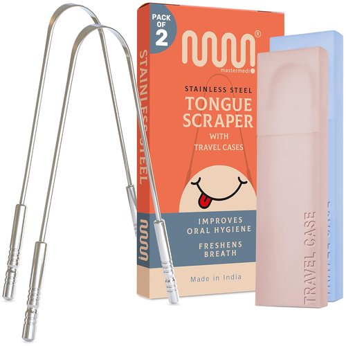 MasterMedi Tongue Scraper - 100% Stainless Steel Tongue Cleaner with Multicolor Travel Cases (2 Pack) for Fresh Breath