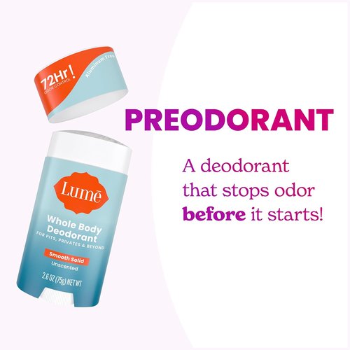 Lume Whole Body Deodorant - Smooth Solid Stick for 72-Hour Odor Control - Aluminum-Free, Unscented | 2.6 Ounce (Pack of 2)