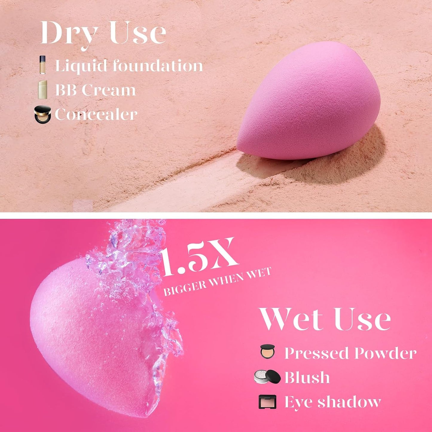 BEAKEY Super Soft Makeup Sponge Set - 6 Pink Blending Sponges for Foundation, Liquid & Cream