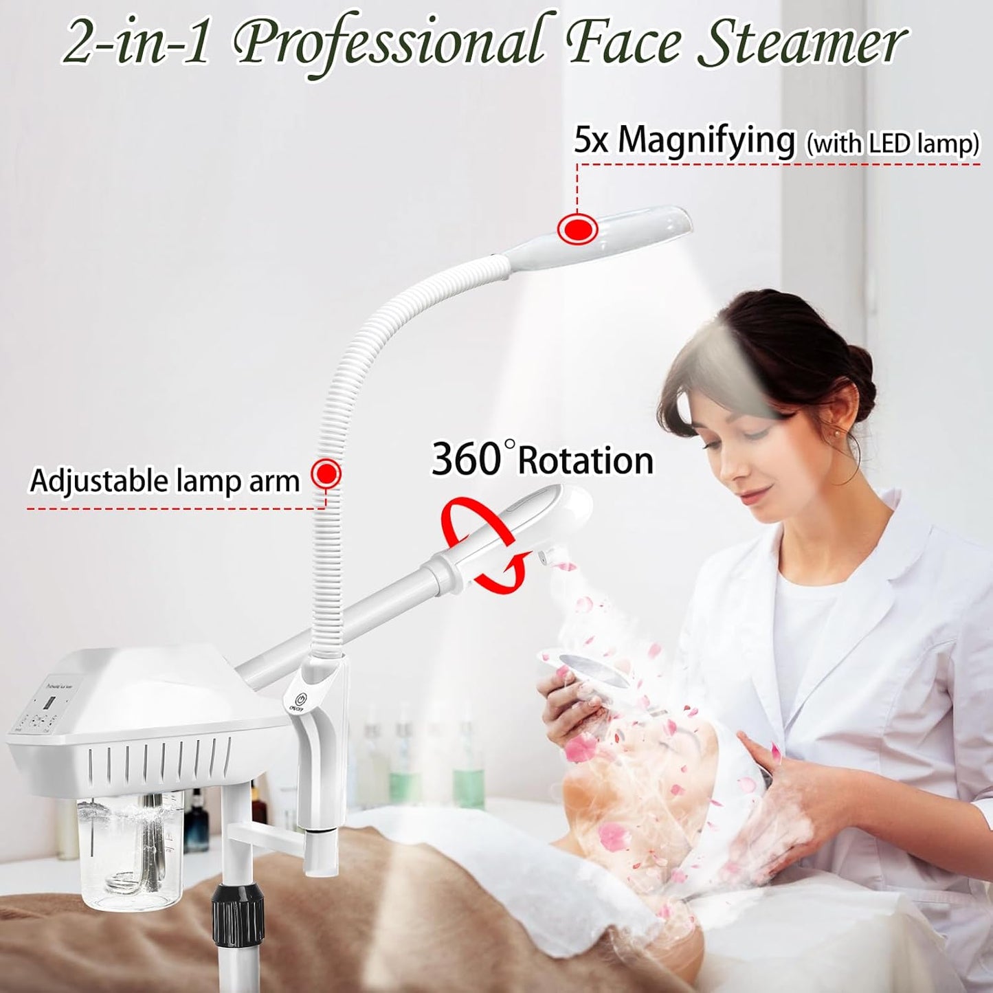 Skiennix Professional Facial Steamer - 2-in-1 Ozone Face Steamer with 5X Magnifying Lamp | Ideal for Home or Spa Use