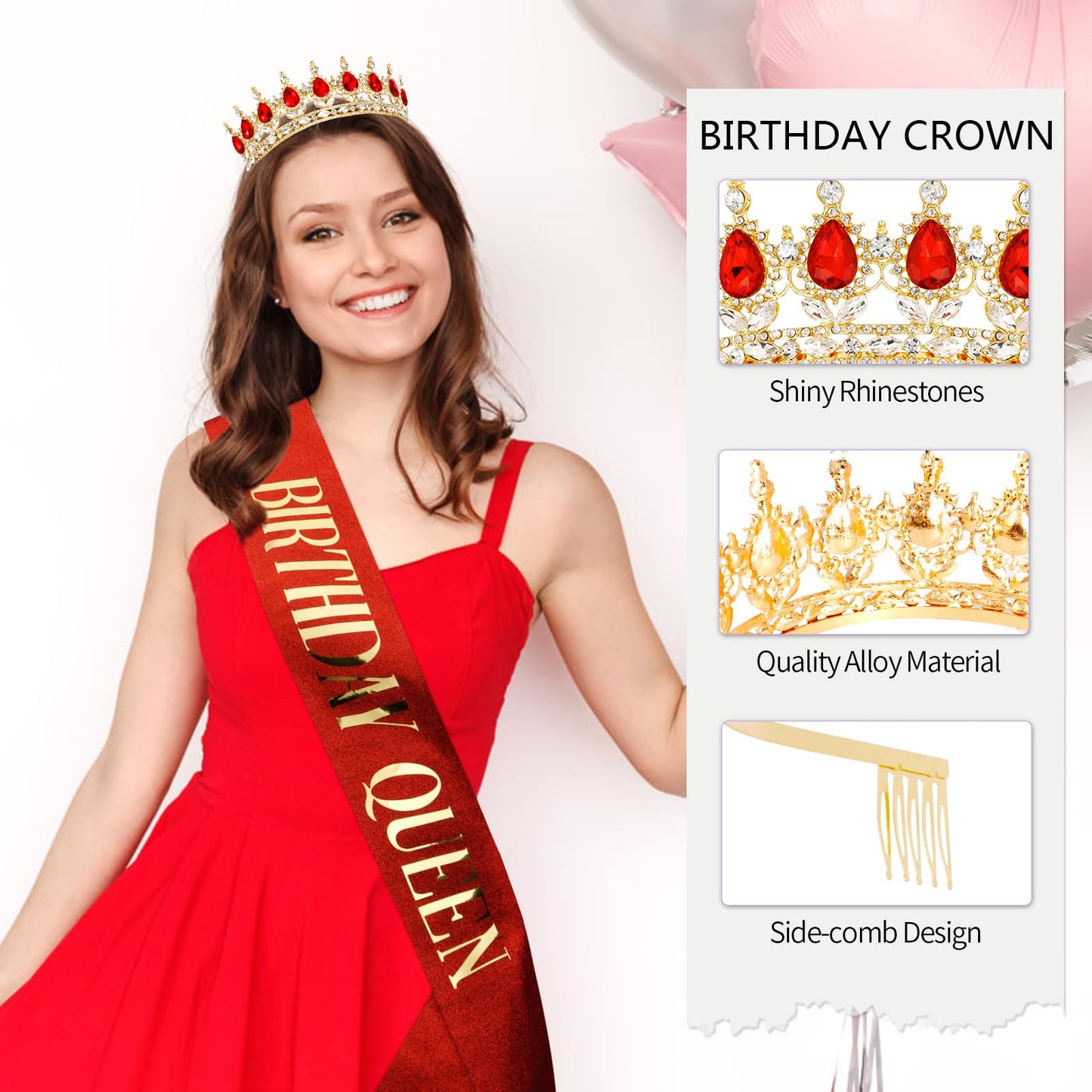 Vovii Birthday Crown & Sash Set for Women, Red Tiara & Birthday Queen Sash for Women Birthday Decorations, Happy Birthday Party Decorations for Birthday Crown Adult Woman