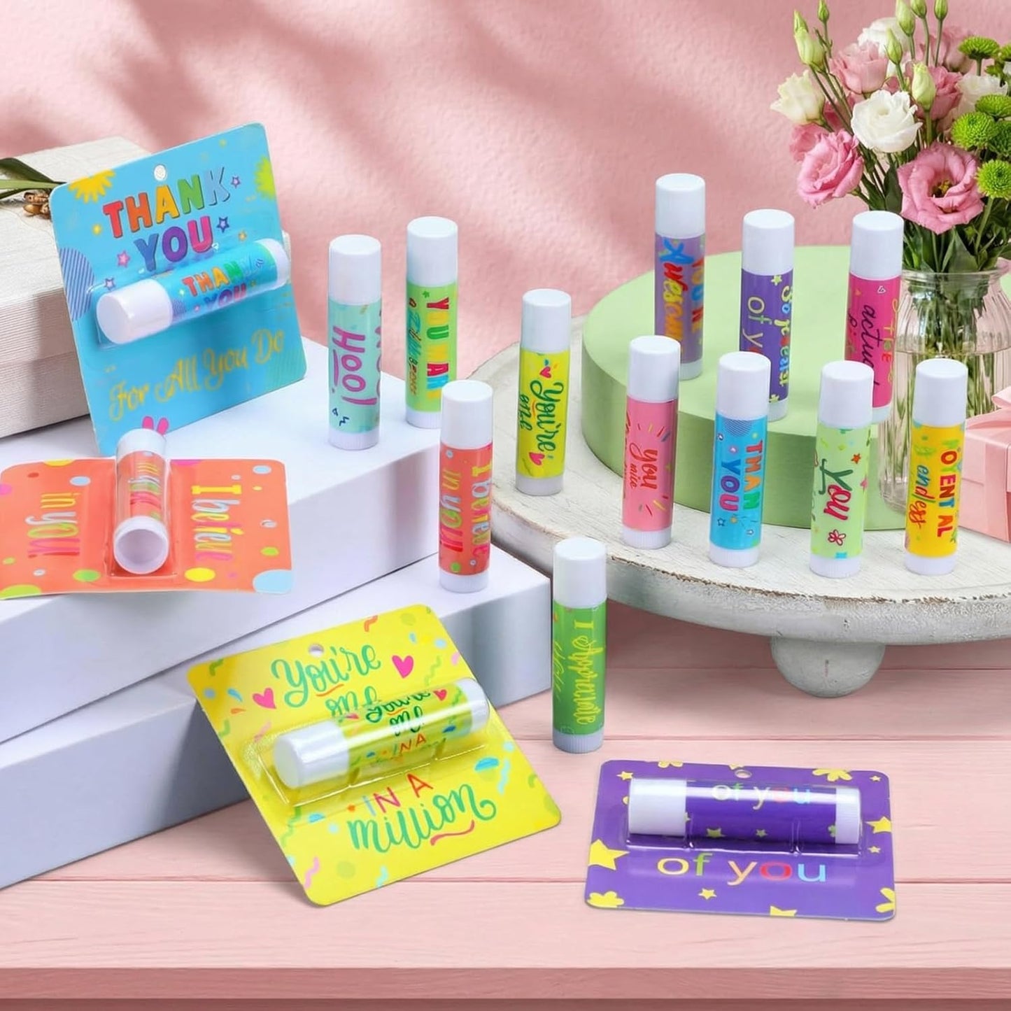 Skiennix Thank You Lip Balms - 48 Pcs Bulk Travel Size Gifts for Employees & Teachers | Motivational Present