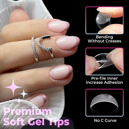 UNA GELLA Extra Short Oval Nail Tips, Pre-Etched Round Clear Fake Nails 216pcs Soft Gel Acrylic Nail Tips Full Cover False Ultra Short Gel Nail Tip for Beginners Nail Salon Extensions 12 Sizes