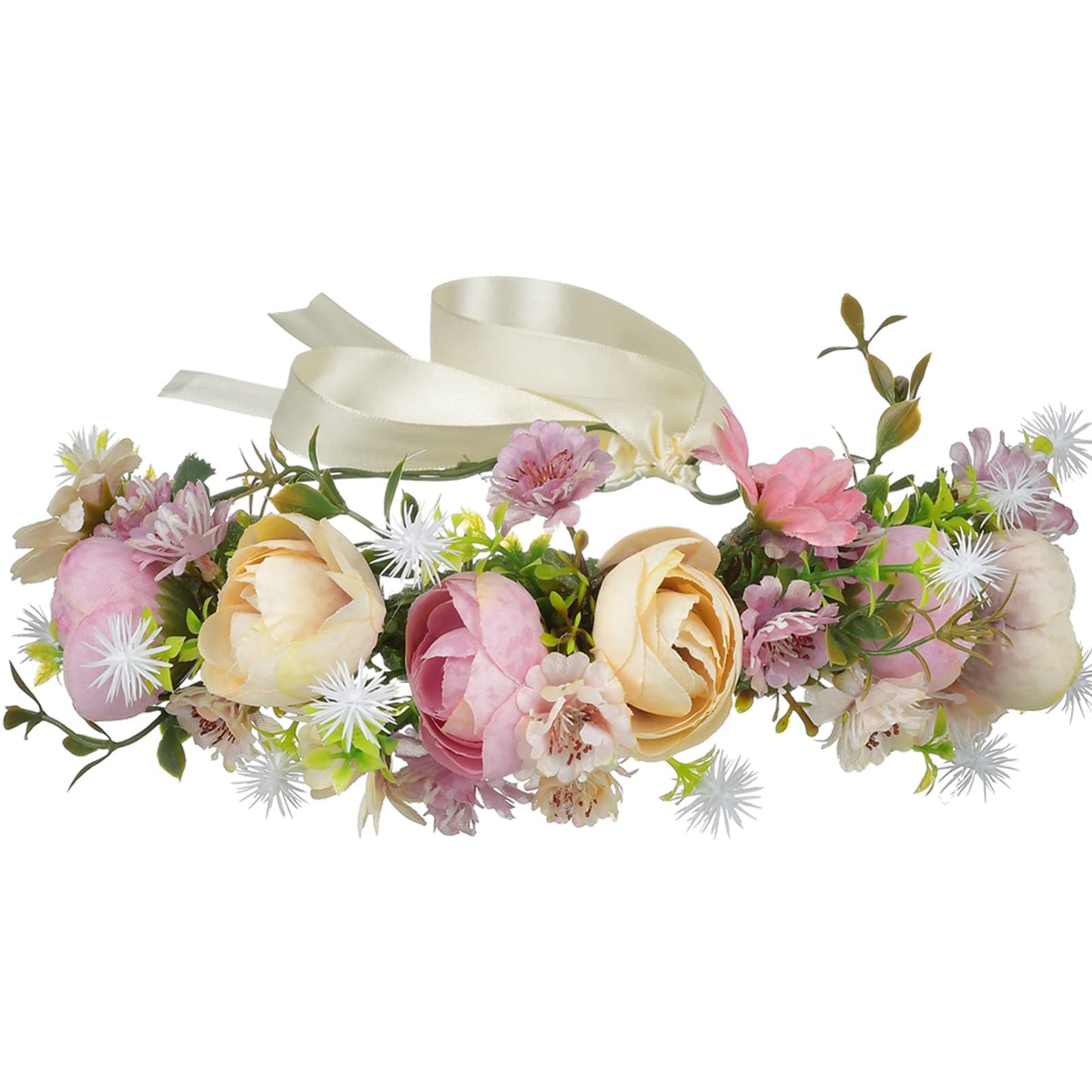 YnimioAOX Handmade Adjustable Flower Wreath Headband Halo Floral Crown Garland Headpiece,N4-pink apricot