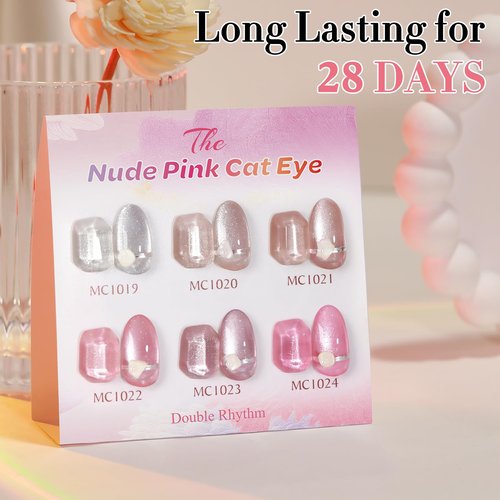 Double Rhythm Cat Eye Gel Nail Polish Set of 6 Same Color Same Bottle 0.5 Oz Shimmer Glitter with Magnet Holographic Reflective Magnetic UV Nail Polish Kit at Home (Silver Nude Pink-T6-42)