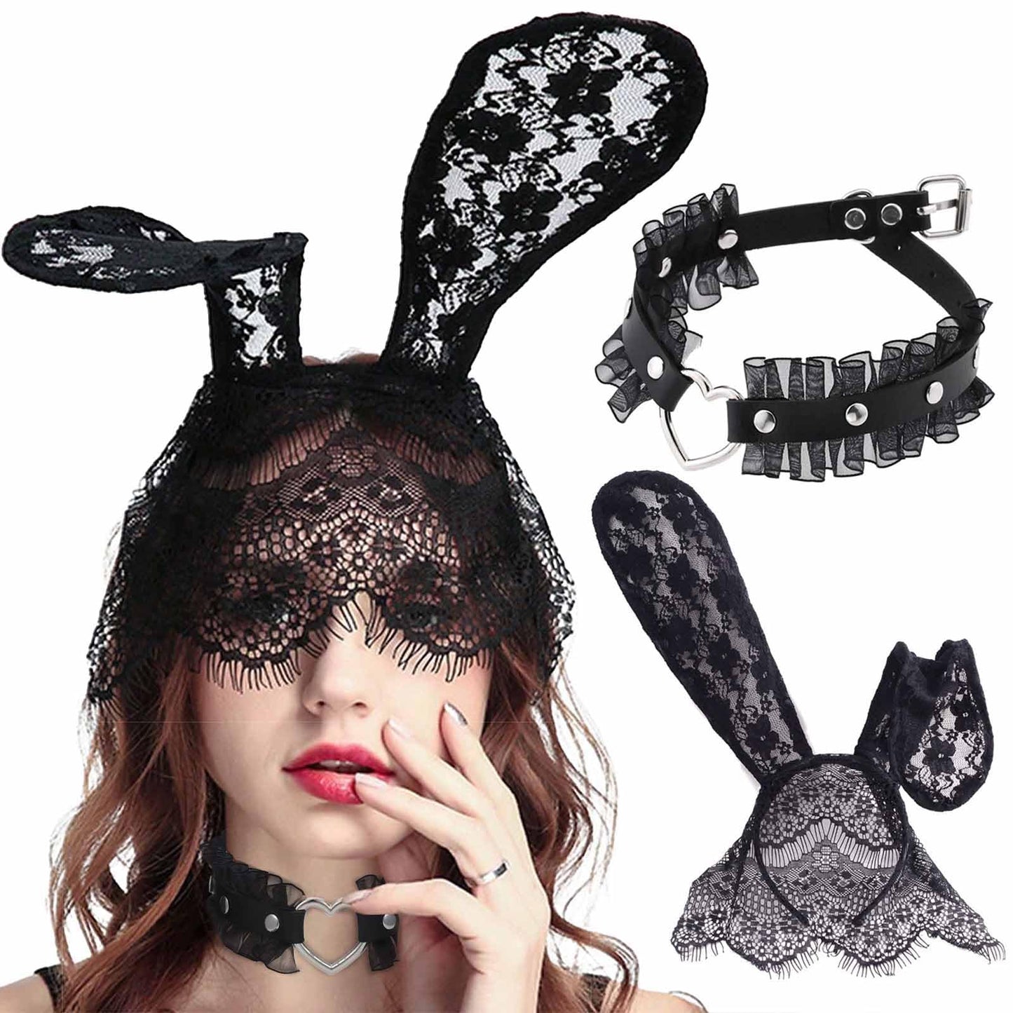 Acenail Sexy Lace Black Bunny Ears Headbands Rabbit Ears Hairbands with Veil Heart Leather Choker Necklace Costume Accessories Bunny Party Props Masquerade Cosplay Headwear for Halloween (With Choker)