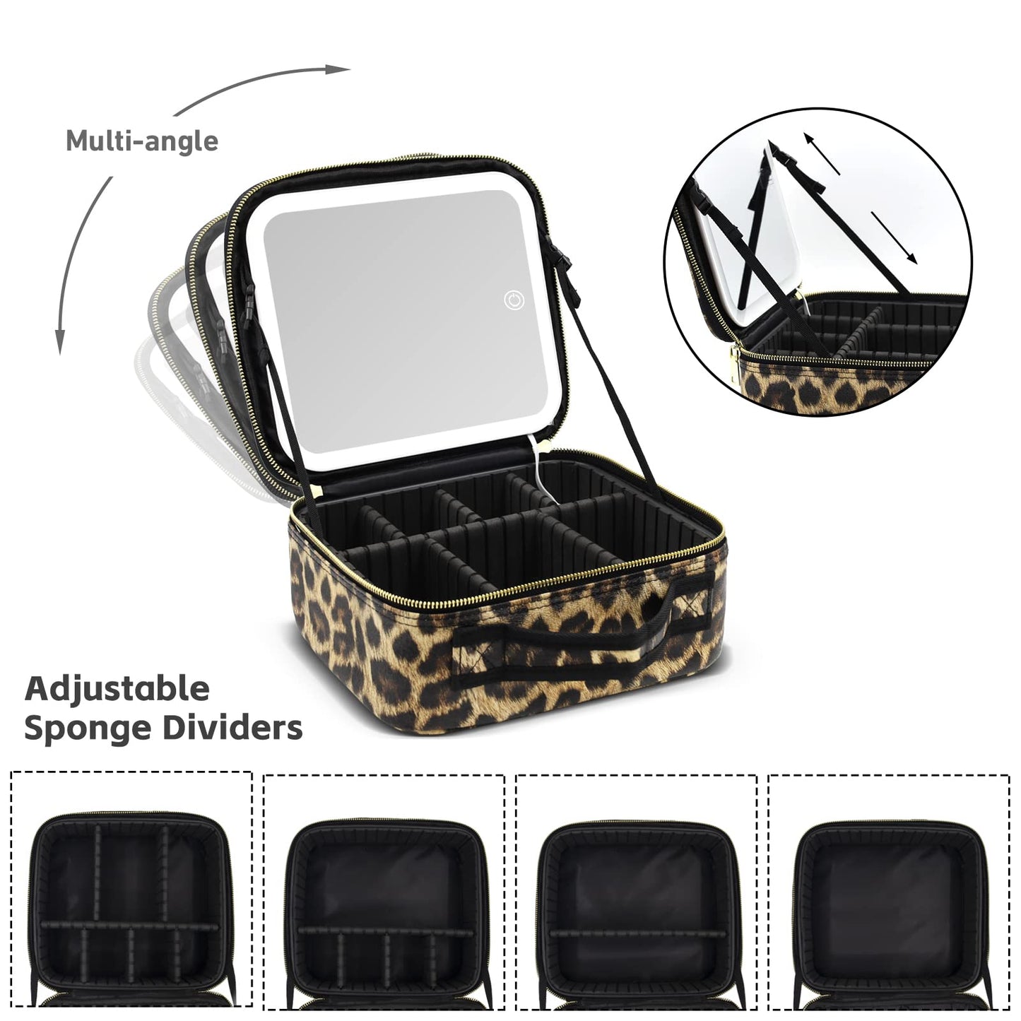 RRtide Makeup Bag with Light up Mirror, Travel Makeup Case with Mirror and Lights, Lighted Cosmetic Train Case with 3 Color Settings, Make up Organizer Bag with Adjustable Dividers Brush Board