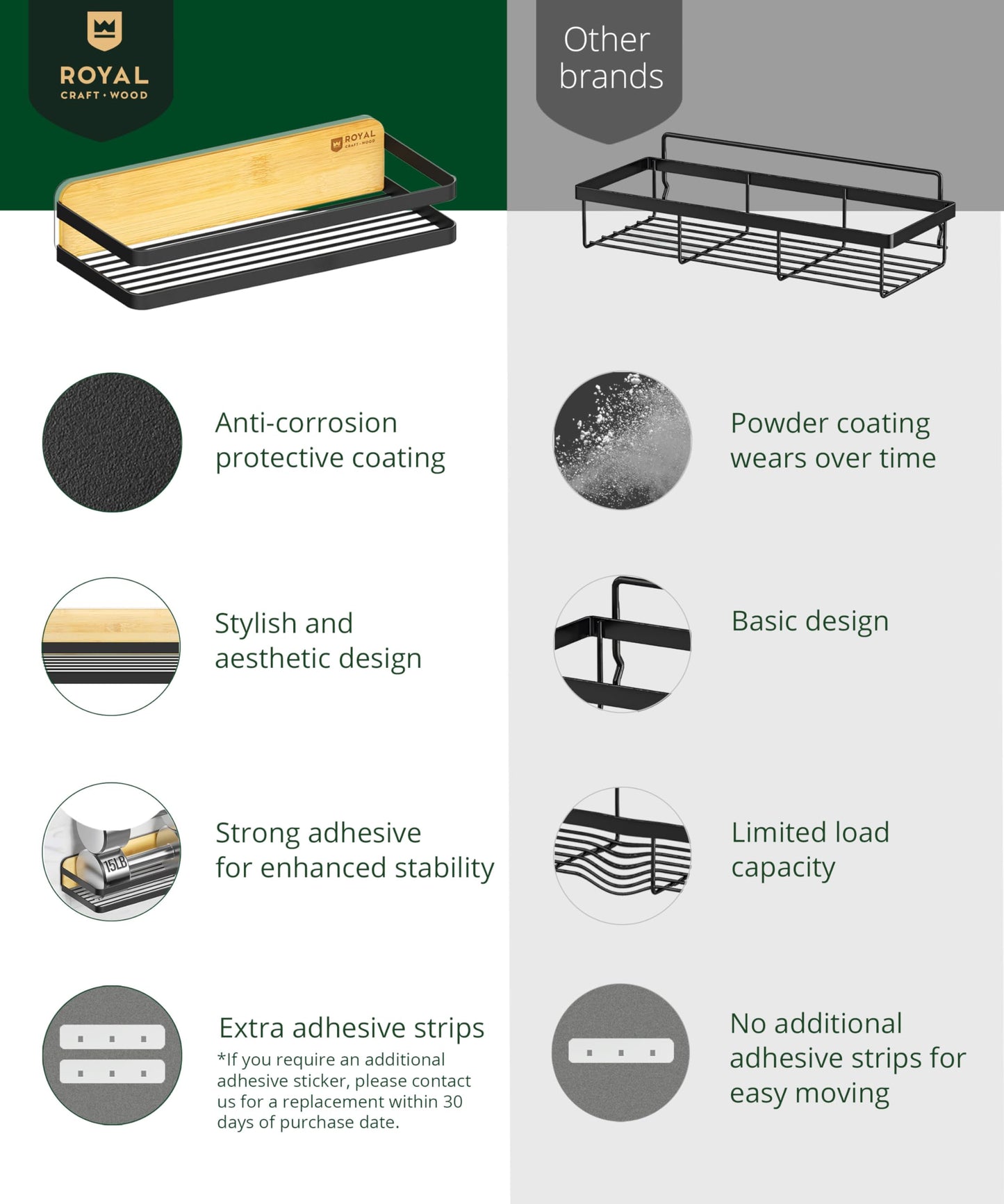 ROYAL CRAFT WOOD Shower Caddy Shelf 2-Pack - Adhesive, No-Drill, Rustproof Bathroom Organizer, Large Capacity Shower Shelves for Home & Bathroom Decor