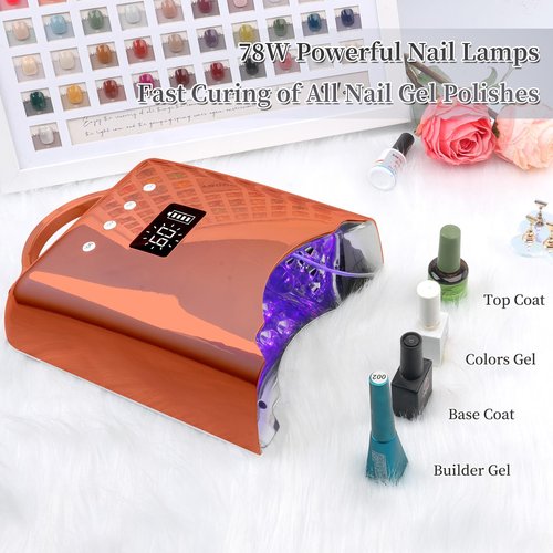 BOMOQING Professional UV LED Nail Lamp, Cordless Rechargeable UV Light for Gel Nails, 78W Fast Curing Gel Nail Light with 4 Timer Setting LCD Display, Auto Sensor and Spacious Interior(Gold)
