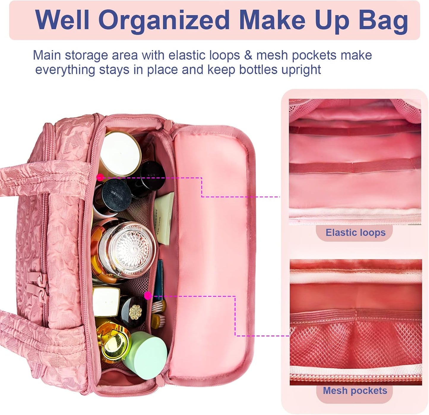 SMONT Toiletry Bag - Large 11.5" Travel Makeup & Skincare Organizer | Pink Cosmetic Case