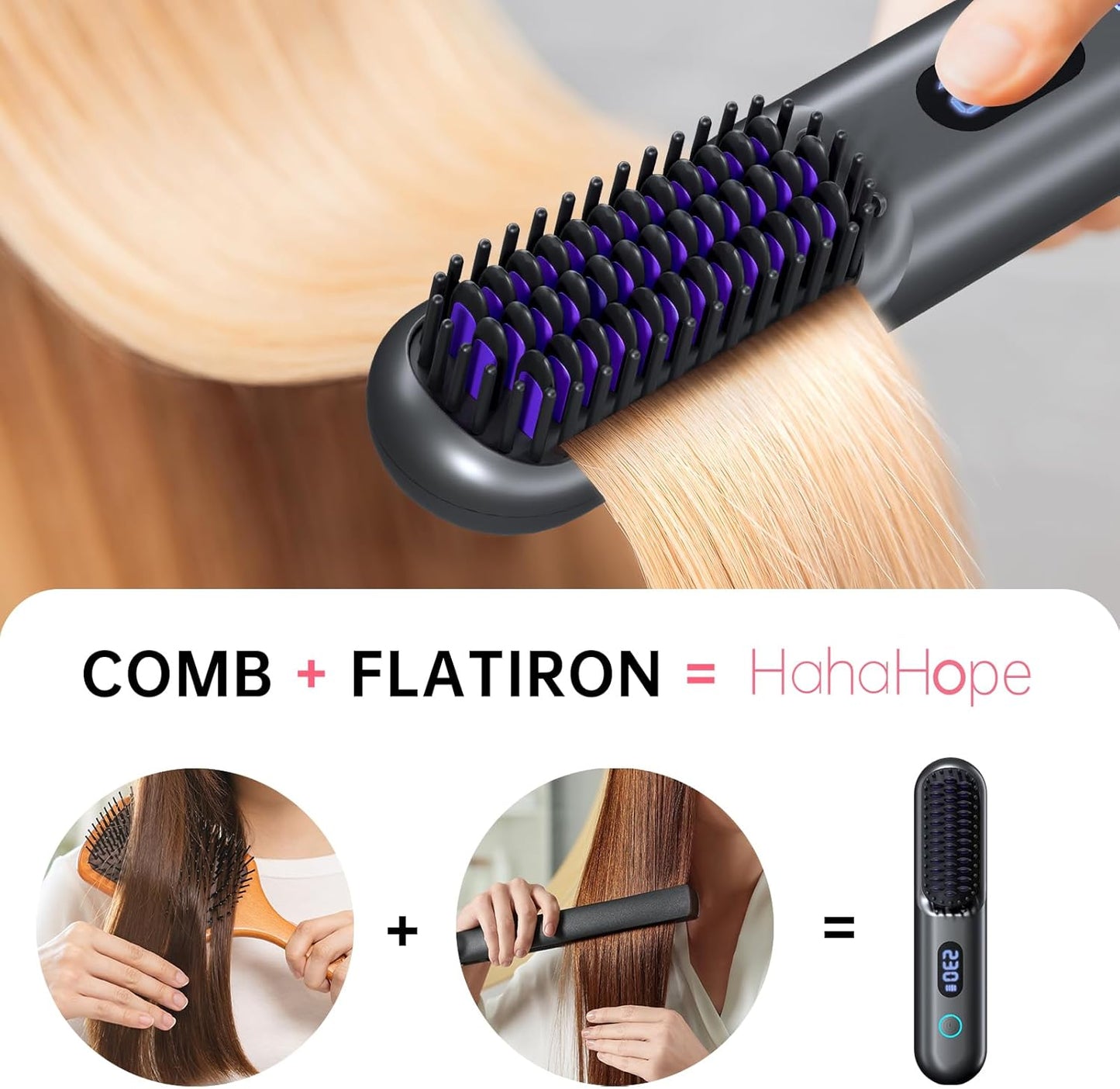 Skiennix Cordless Hair Straightener Brush - Portable 9600mAh Comb with Plasma Tech & 9 Temp Settings | LED Display (Grey)