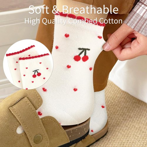 Knagsfa 2 Pairs Women's Cute Crew Socks, Casual Athletic Cotton Cherry Calf Novelty Socks for Women