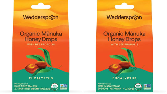 Wedderspoon Organic Manuka Honey Drops - Eucalyptus & Bee Propolis, 20 Count (4oz) | Soothing Remedy for Dry Throats - Pack of 2