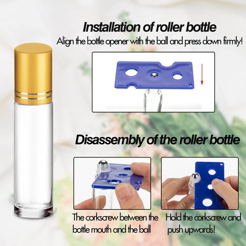 6 Pack Essential Oil Roller Bottles - 10ml Clear Glass with Stainless Steel Roller Balls, Includes Labels, Openers, Funnels, Dropper