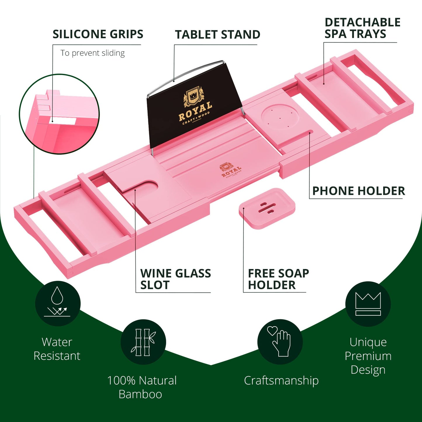 ROYAL CRAFT WOOD Luxury Bathtub Caddy Tray, One or Two Person Bath and Bed Tray, Bonus Free Soap Holder (Pink)