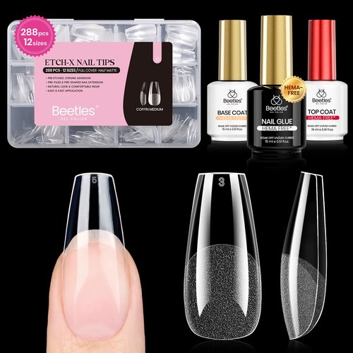 Beetles Gel Nail Kit Etch-X, Medium Coffin, 288pcs 12 Sizes Nail tips, 3Pcs 15ml HEMA-Free Nail Glue Top Coat & Base Gel Set, for Acrylic Press On Nail, Long Lasting Extension DIY Set at Home